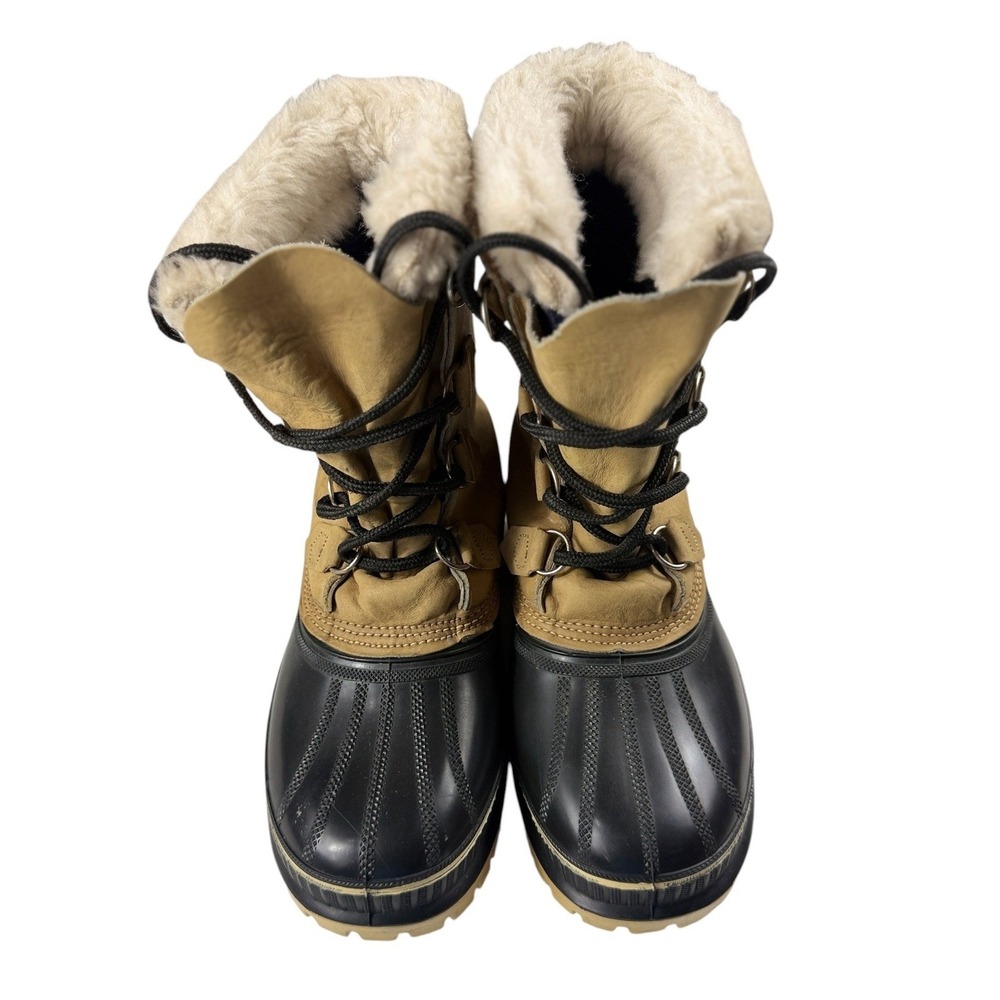 Sorel‎ Kaufman Buffalo Winter Boots Mens 7 Made in Canada Tan Black Leather Wool
